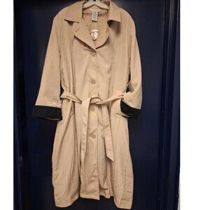 Y2K Women's Trench Coat Size 2XL Petite. Tan with Black Cuffs. Old Money.